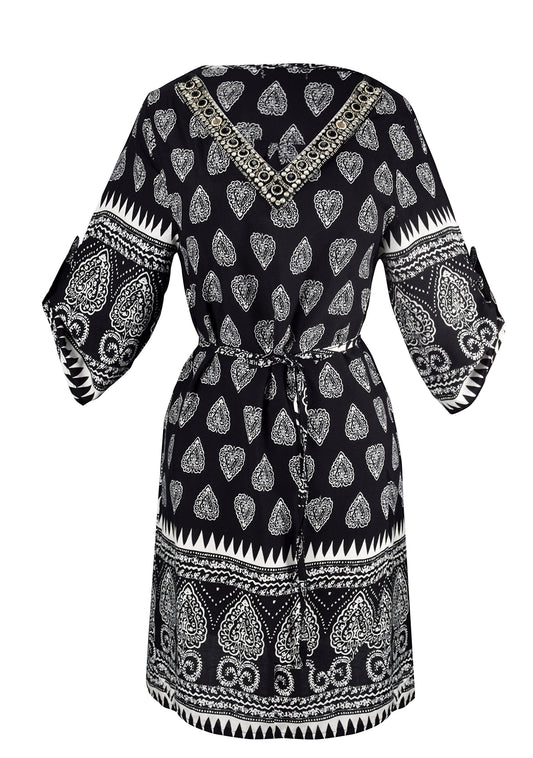 Wholesale Bulk Lot: Beaded Gem V-Neck Paisley Border Tunic Dress Black Small
