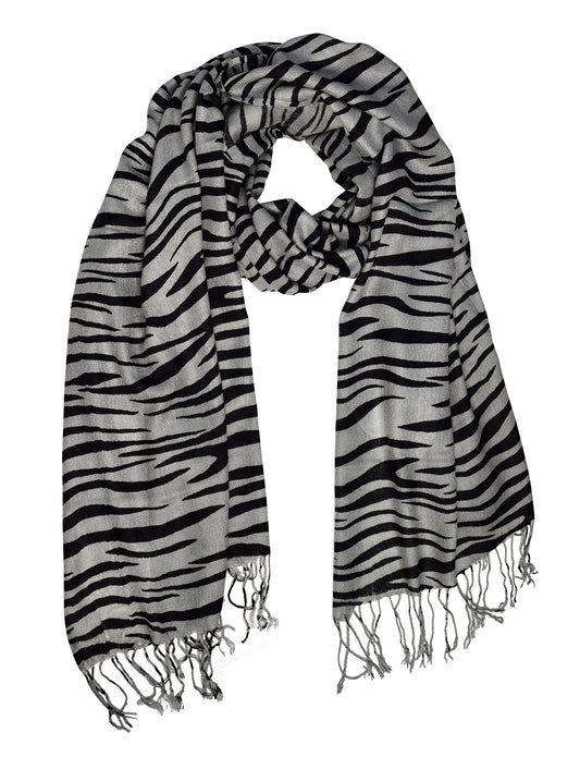 Wholesale Bulk Lot: Zebra Animal Print Frayed Pashmina Shawl Scarf Wrap Grey Black Reseller Pack