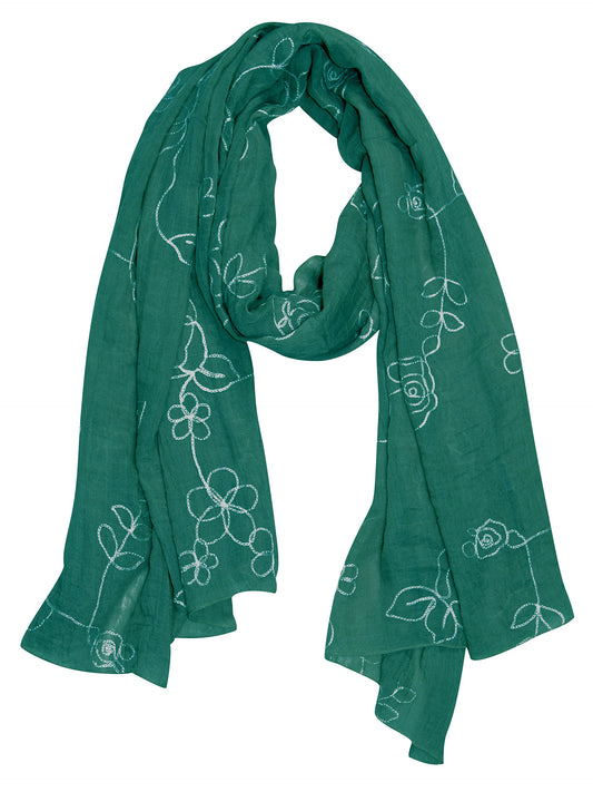 Wholesale Bulk Lot: Intricate Floral Rose Embroidered Lightweight Green Summer Scarf Wrap Reseller