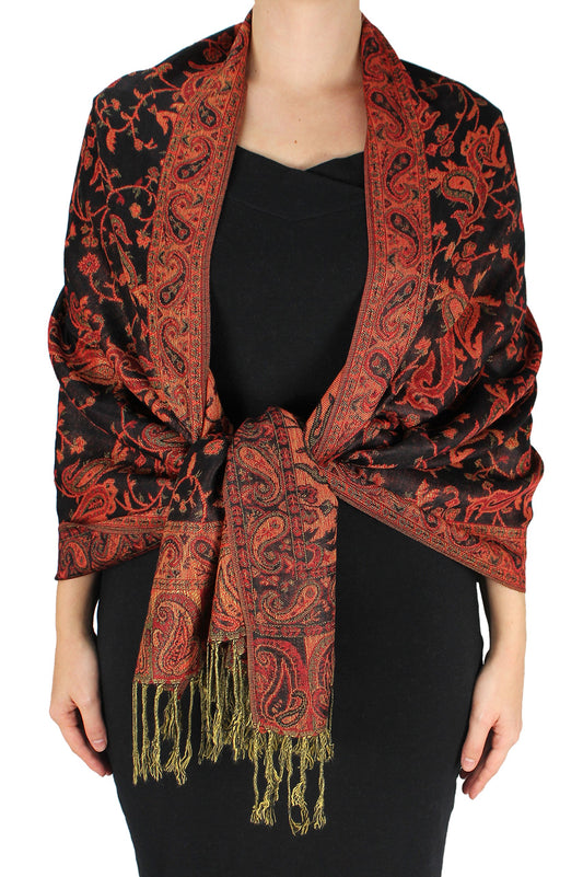 Wholesale Bulk Lot Reversible Paisley Pashmina Shawl Double Layer Red Black Scarf for Resellers