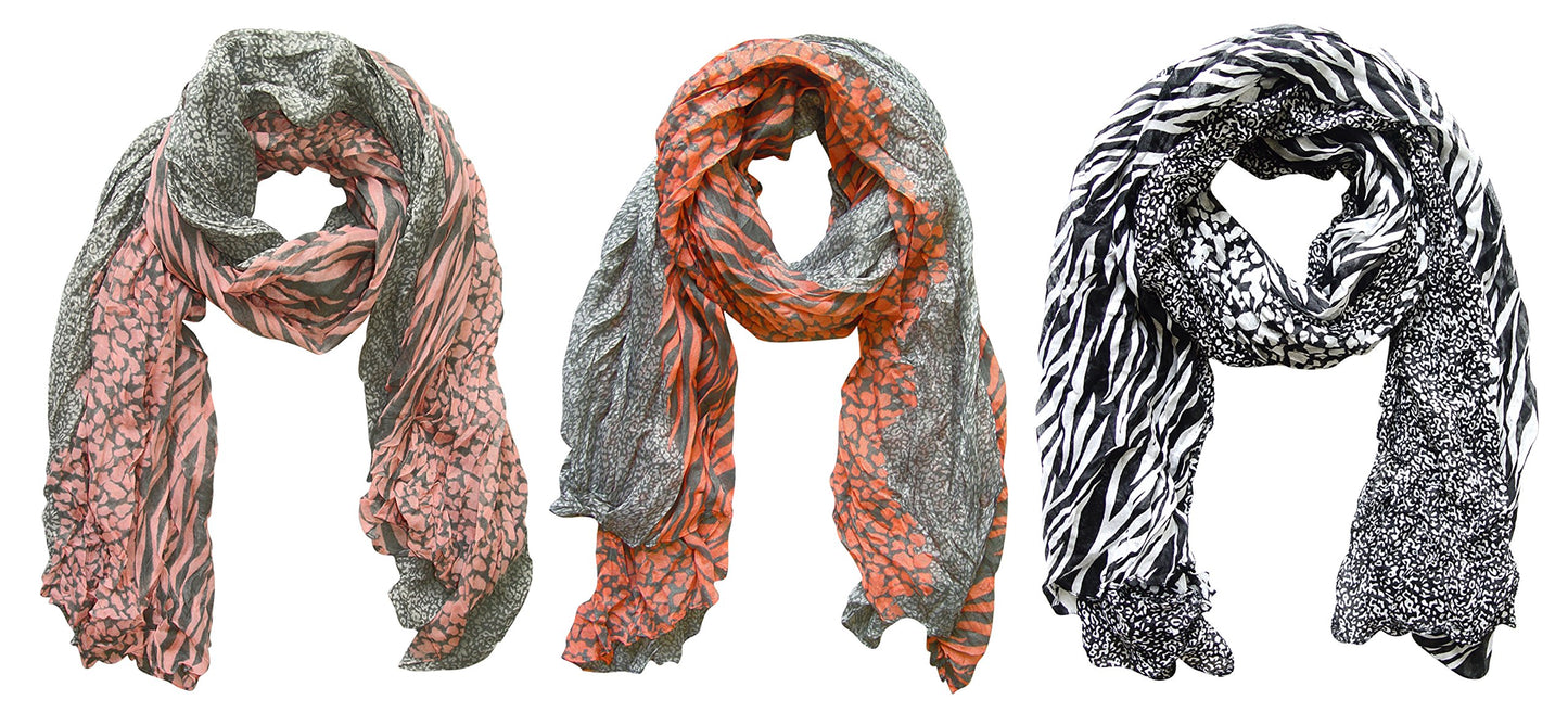 Wholesale Bulk Lot: 3 Pack Retro Zebra and Leopard Animal Print Crinkle Scarf Reseller Bundle