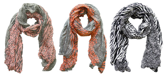 Wholesale Bulk Lot: 3 Pack Retro Zebra and Leopard Animal Print Crinkle Scarf Reseller Bundle