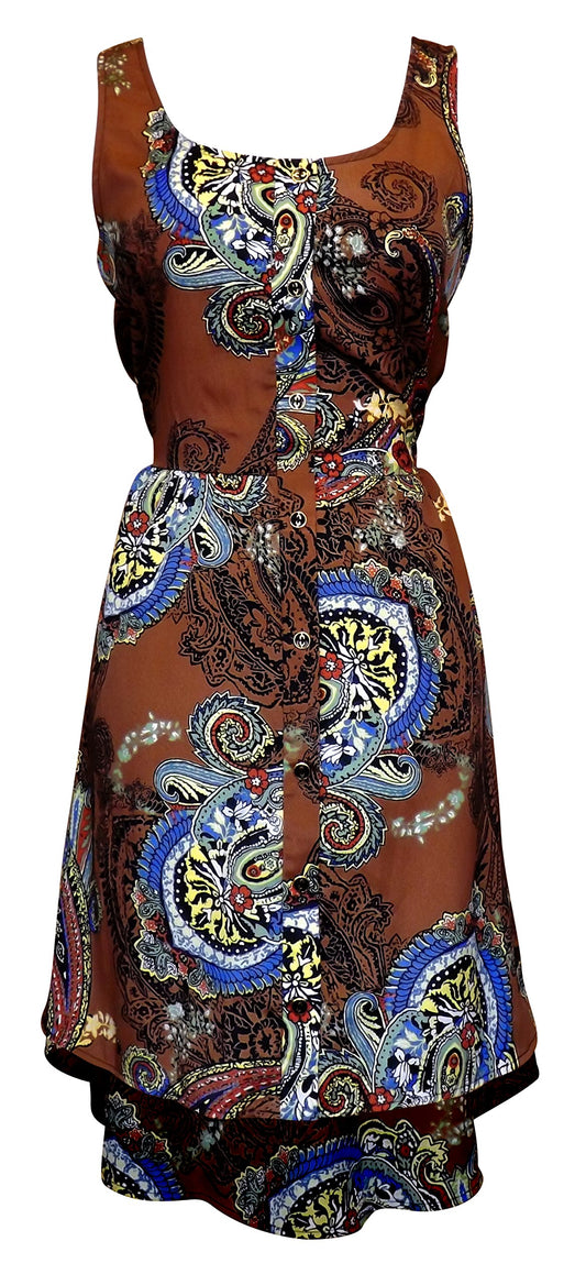 Wholesale Bulk Lot: Brown Paisley Sleeveless Button Down Skater Day Dress Small