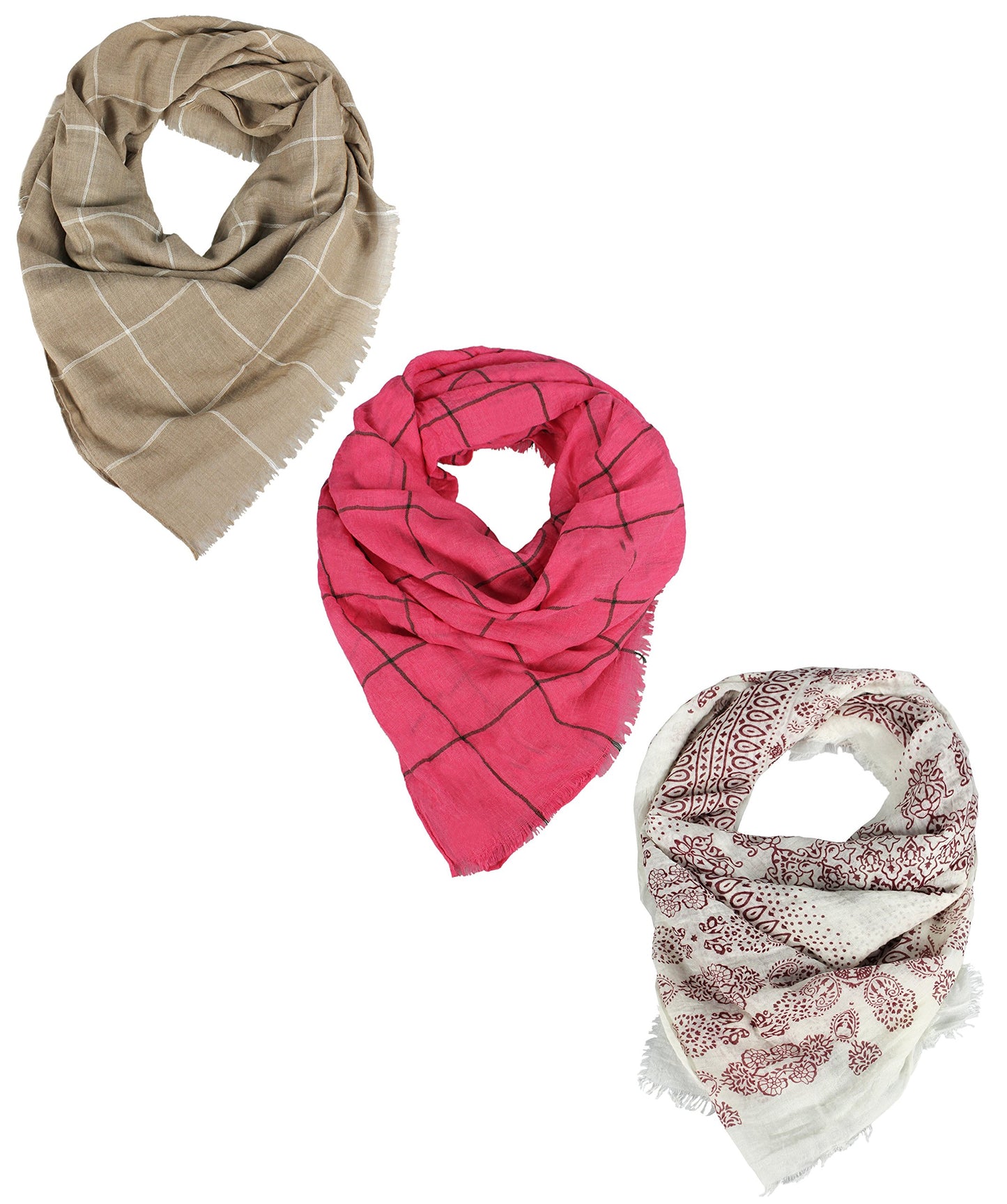 Wholesale Bulk Lot: Plaid Checkered Paisley Scarf Set Summer Shawl Wrap Taupe Pink White Reseller