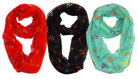 Wholesale Bulk Lot: 3 Pack Rainbow Anchor Print Infinity Loop Scarves Red Black Aqua for Resellers