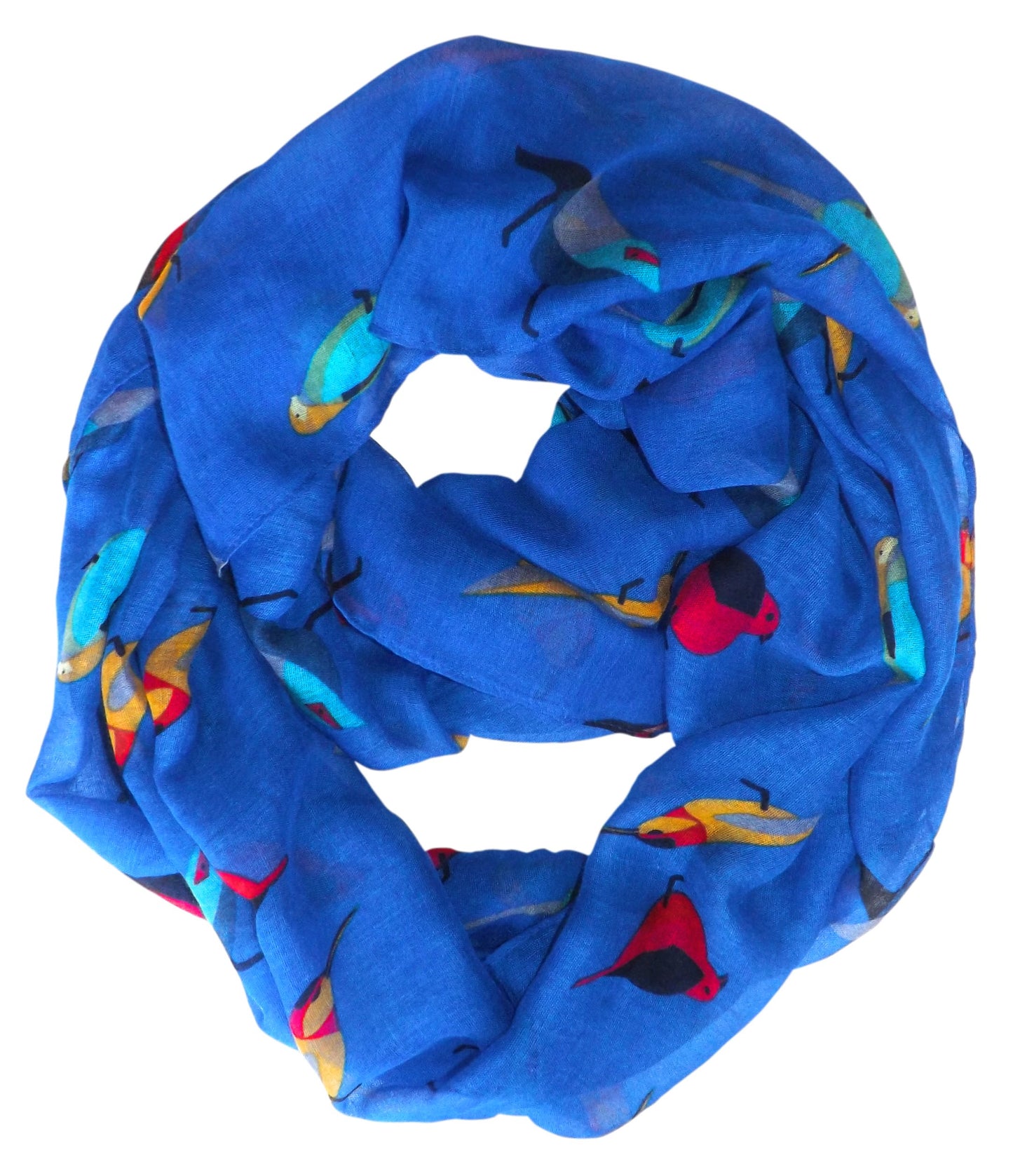 Wholesale Bulk Lot: Vintage Finch Bird Print Royal Blue Sheer Infinity Loop Scarf Reseller Pack