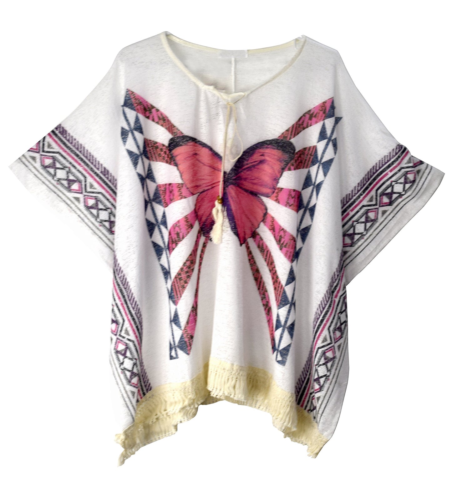 Wholesale Bulk Lot: Butterfly Print Tasseled Summer Cover Up Cardigan White