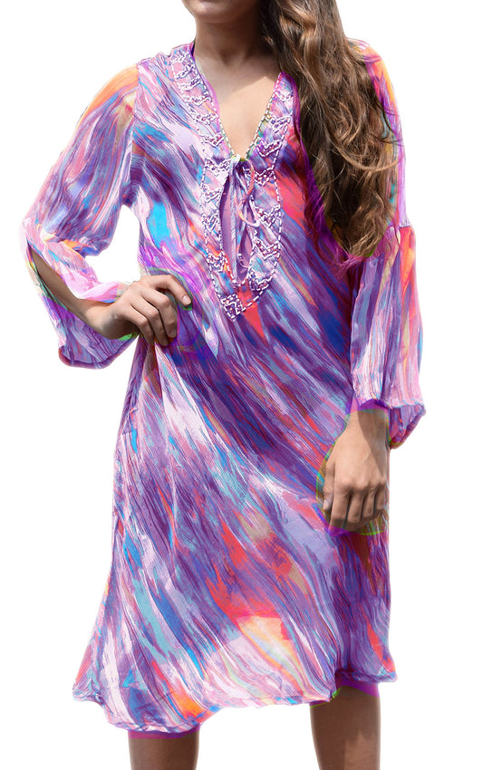 Wholesale Bulk Lot Sheer Print Swim Dress Cover Up Reseller Purple Medium Tunic