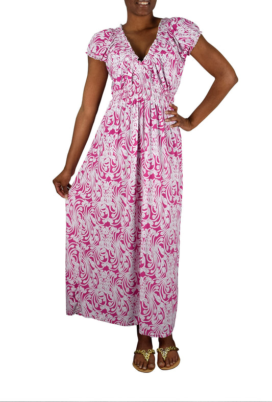 Wholesale Bulk Lot: Women's Short Sleeve Smocked Damask Summer Maxi Dress Red Large