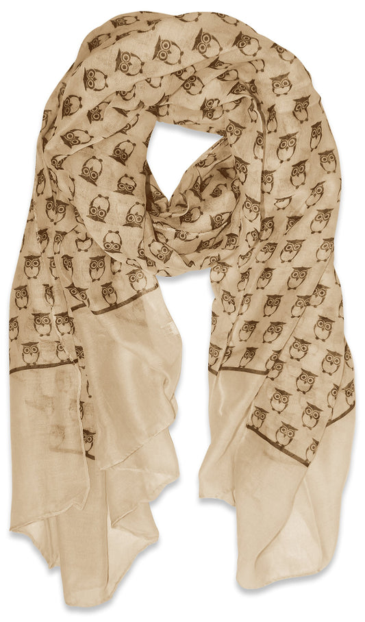 Wholesale Bulk Lot: Lightweight Soft Tan Owl Print Animal Scarf Shawl for Resellers