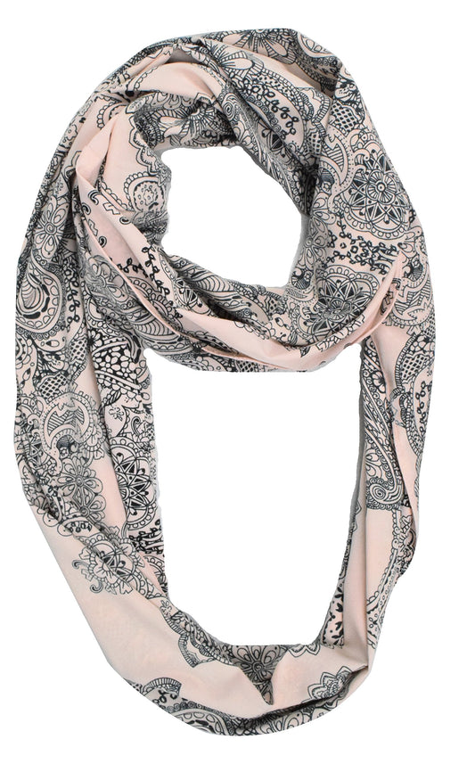 Wholesale Bulk Lot: Vintage Bohemian Light Pink Henna Design Infinity Loop Scarf Reseller Pack
