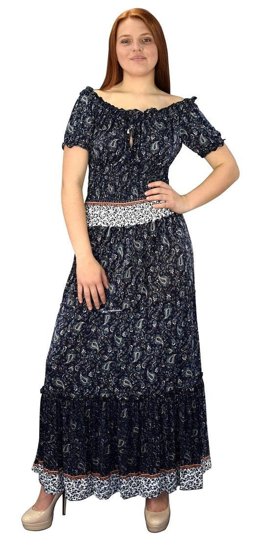 Wholesale Bulk Lot: Boho Floral Smocked Tiered Renaissance Maxi Dress Navy Medium