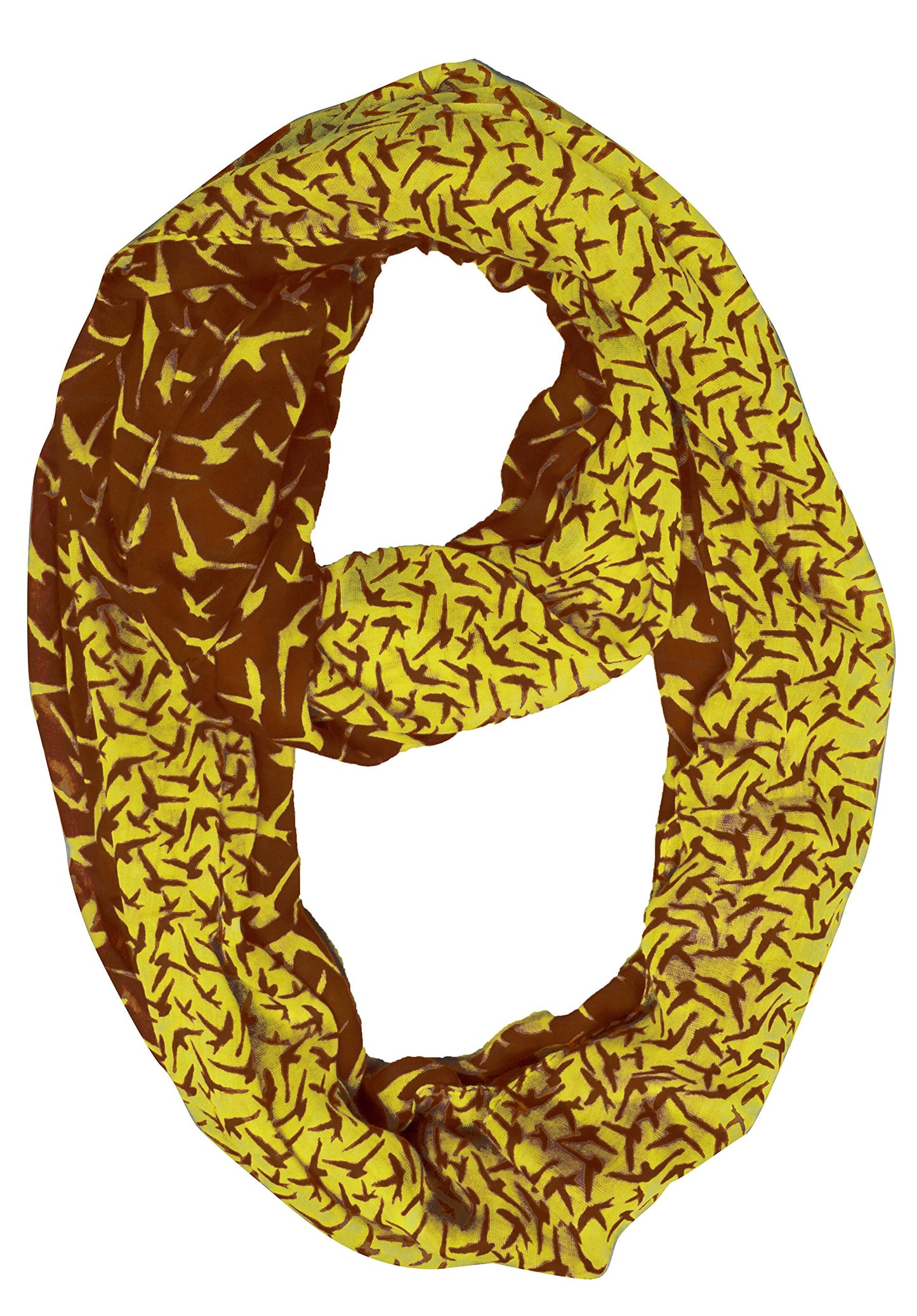 Wholesale Bulk Lot: Vintage Bird Print Infinity Loop Scarf Brown Yellow Reseller Pack