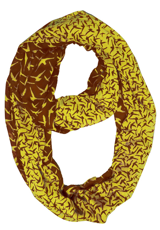 Wholesale Bulk Lot: Vintage Bird Print Infinity Loop Scarf Brown Yellow Reseller Pack