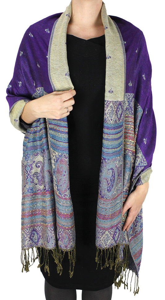 Wholesale Bulk Lot Reversible Tribal Ethnic Pashmina Shawl Purple Bohemian Scarf for Resellers