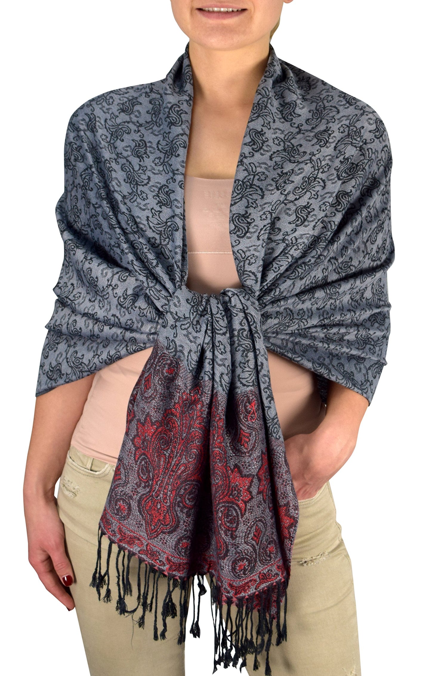 Wholesale Bulk Lot Royal Vine Paisley Pashmina Scarf Shawl Wrap Grey Red for Resellers