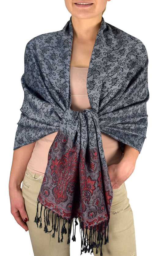 Wholesale Bulk Lot Royal Vine Paisley Pashmina Scarf Shawl Wrap Grey Red for Resellers