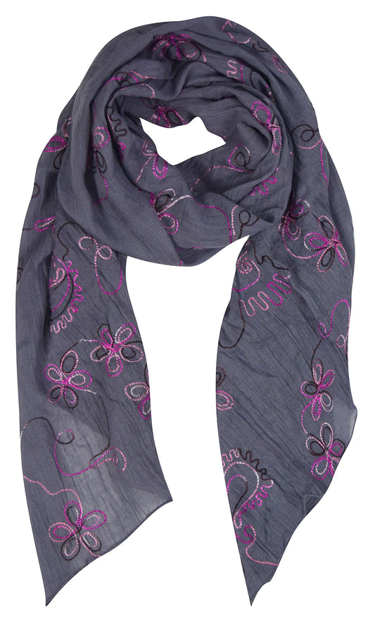 Wholesale Bulk Lot: Grey Blossom Embroidered Sheer Scarf Wrap Shawl for Resellers