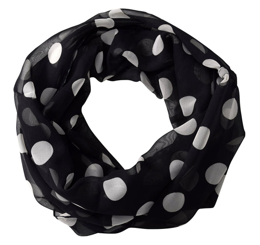 Wholesale Bulk Lot: Sheer Speckled Polka Dot Circle Print Infinity Loop Scarf Black Reseller Pack