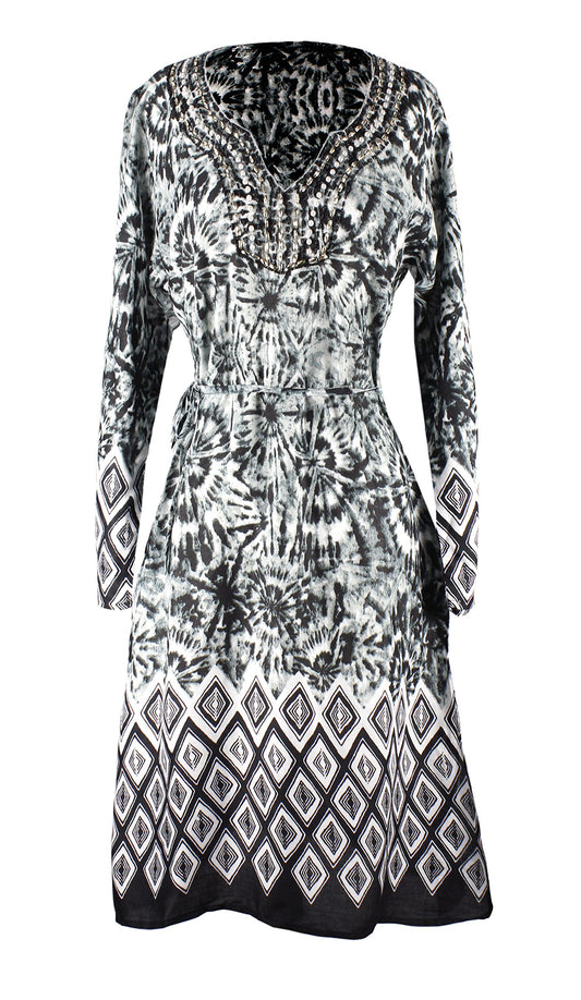 Wholesale Bulk Lot: Women's V-Neck Long Sleeve Geo Tunic Dress Charcoal Size S