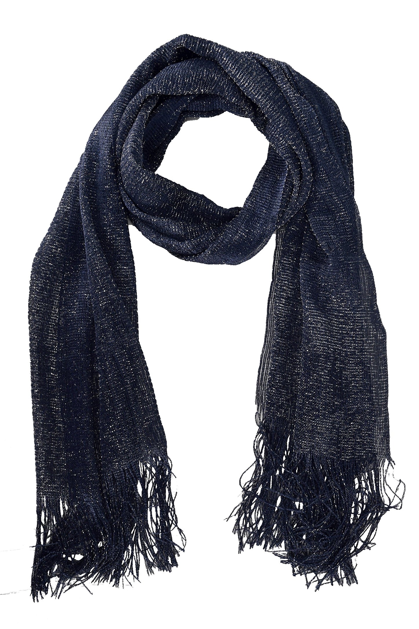 Wholesale Bulk Lot: Navy Metallic Shimmer Sheer Mesh Glitter Fringe Scarf for Resellers