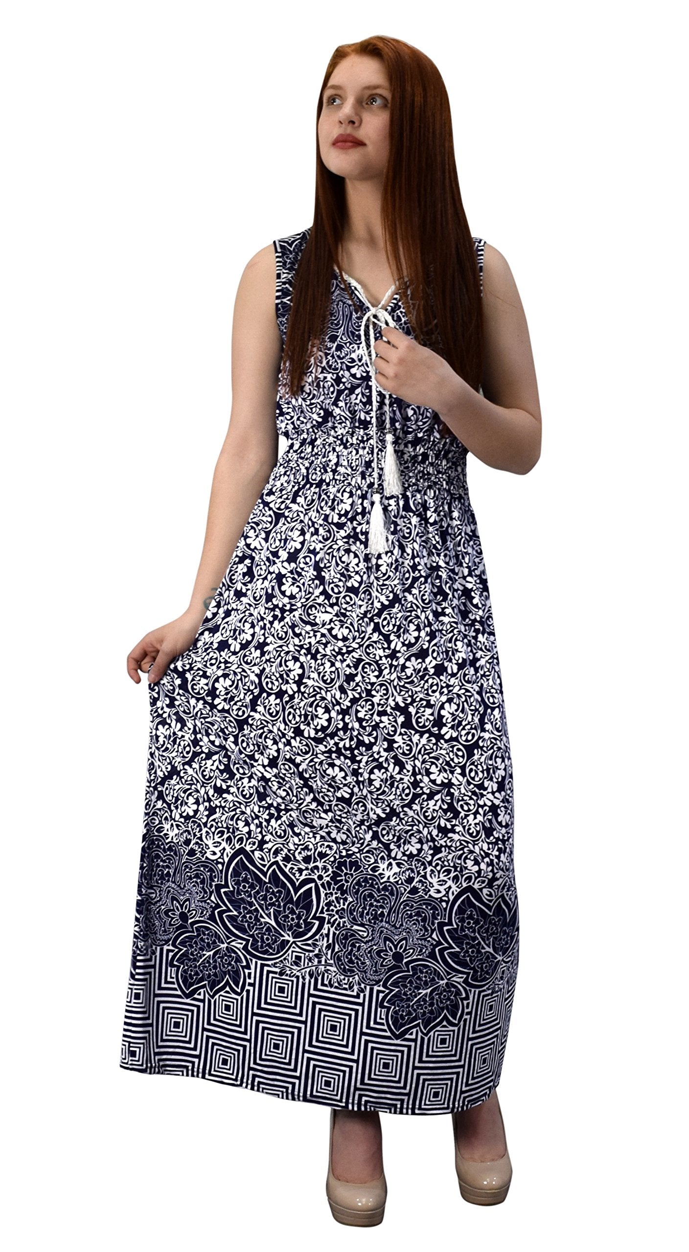 Wholesale Bulk Lot: Mosaic Print Keyhole Tie Neck Smocked Maxi Dress Navy Small
