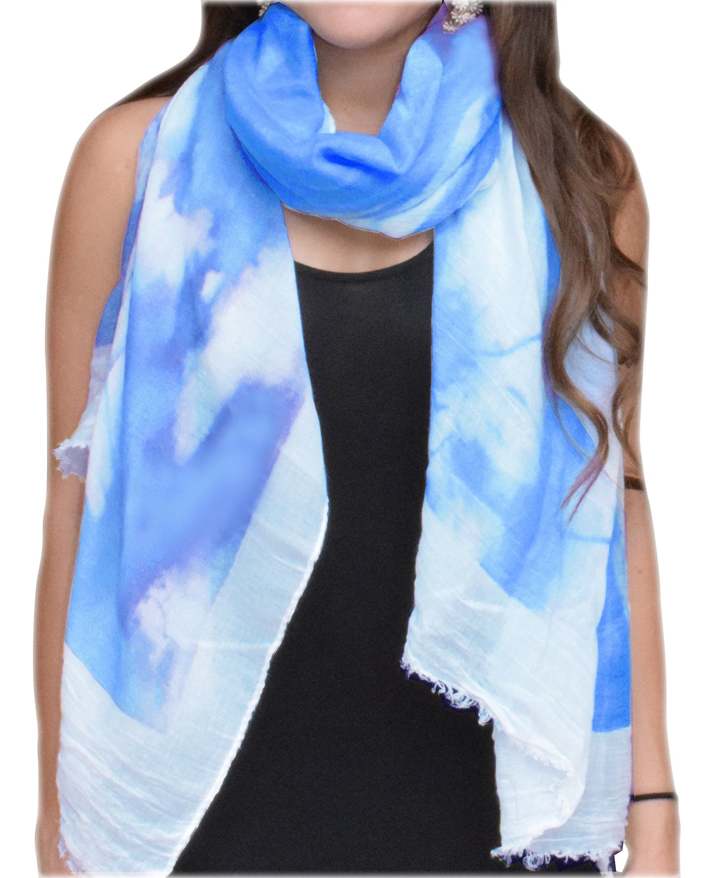 Wholesale Bulk Lot: Modern Feather Floral Graphic Print Fringe Shawl Wrap Scarf Blue White Reseller