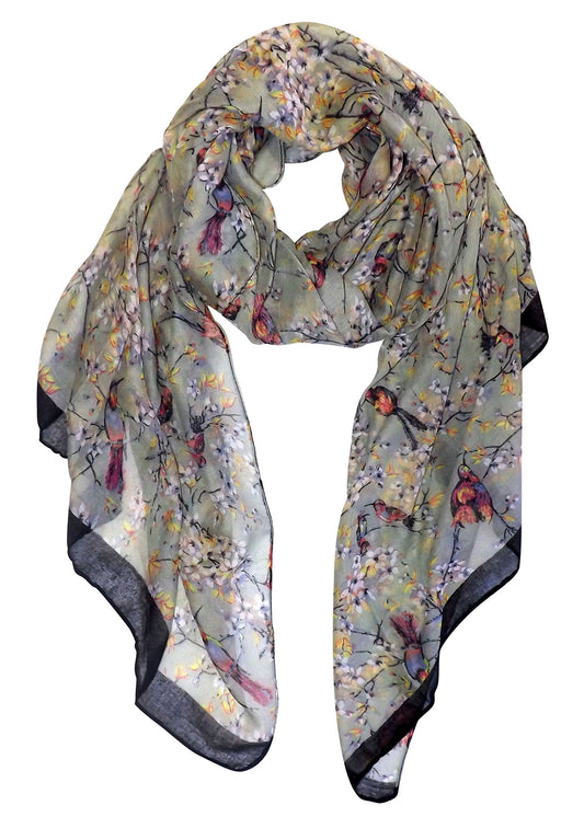Wholesale Bulk Lot: Vintage Floral Sakura Hummingbird Print Sheer Scarf Taupe for Resellers