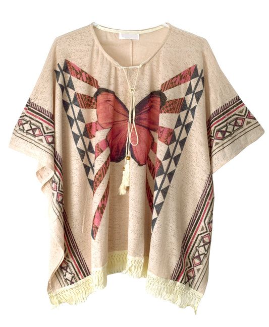 Wholesale Bulk Lot: Butterfly Print Tasseled Summer Cover Up Cardigan Beige