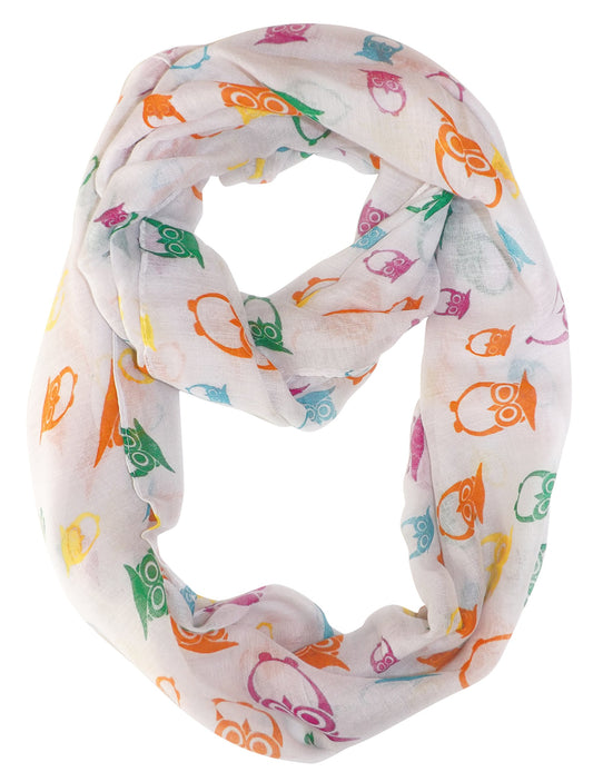 Wholesale Bulk Lot: Vintage Owl Print Colorful Lightweight Infinity Loop Scarf White Reseller Pack
