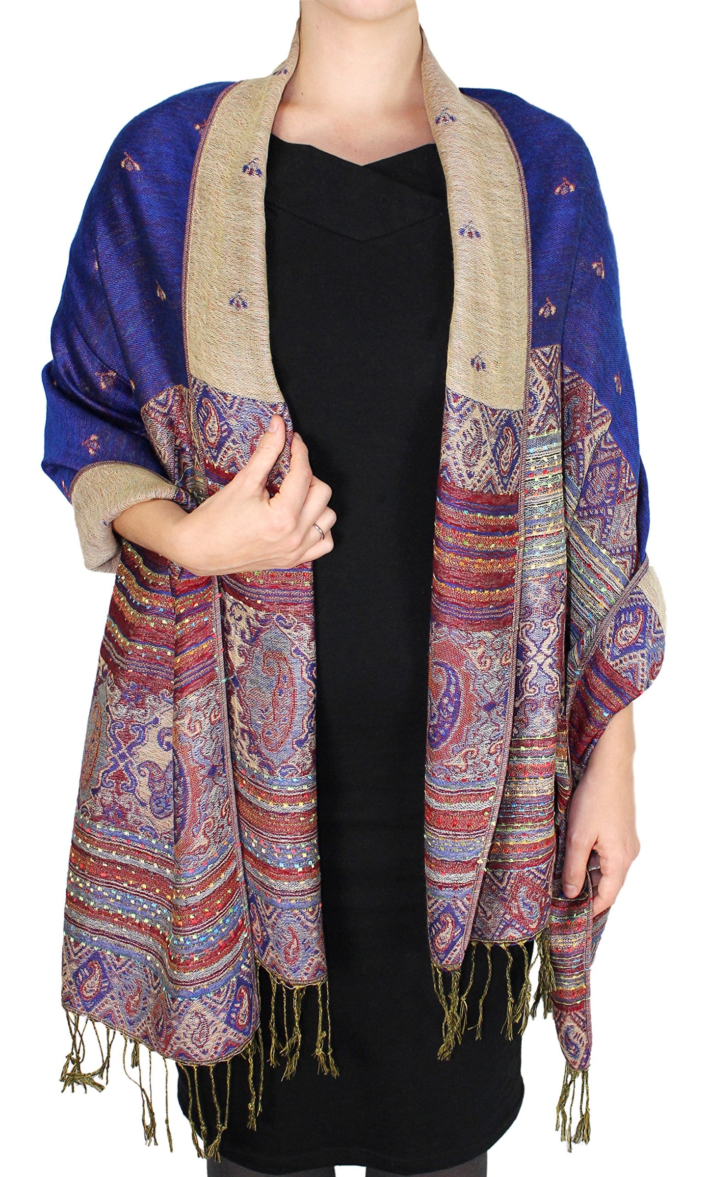 Wholesale Bulk Lot Tribal Ethnic Reversible Bohemian Pashmina Shawl Royal Blue for Resellers