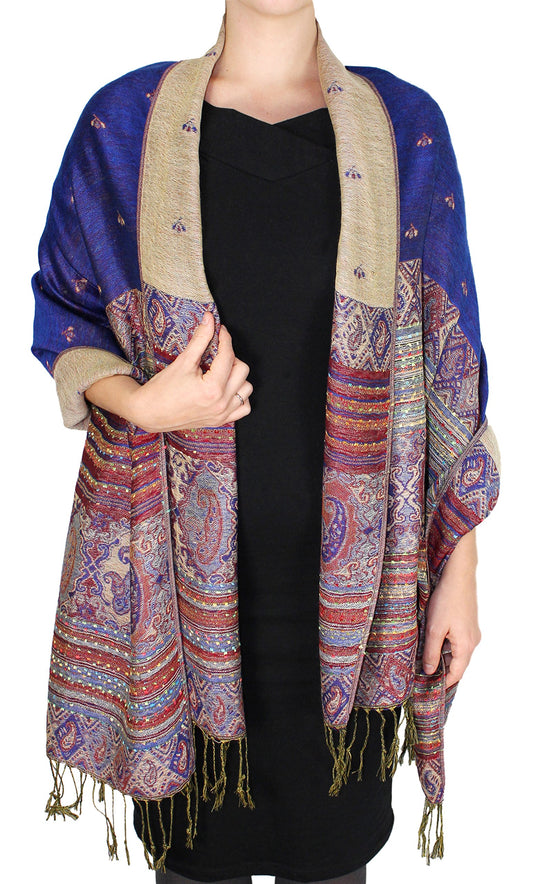 Wholesale Bulk Lot Tribal Ethnic Reversible Bohemian Pashmina Shawl Royal Blue for Resellers