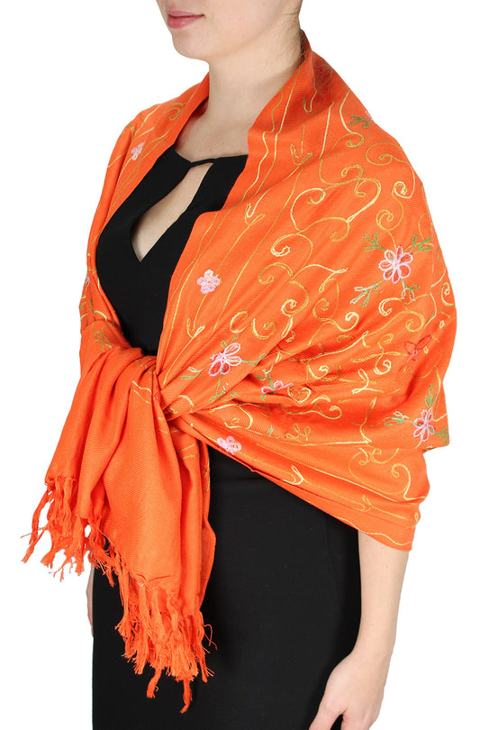 Wholesale Bulk Lot Hand Embroidered Floral Pashmina Shawl Orange Scarf for Resellers