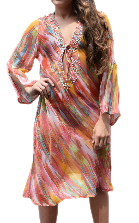Wholesale Bulk Lot: Sheer Multi Print Drape Swim Dress Cover Up Tunic Large Coral
