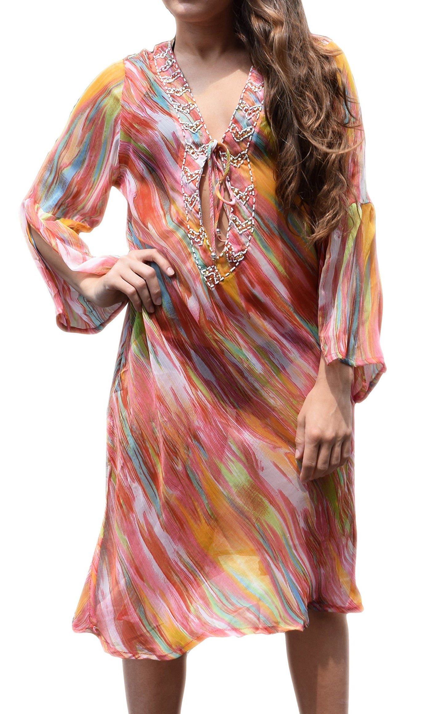 Wholesale Bulk Lot: Sheer Multi Print Drape Swim Dress Cover Up Medium Coral