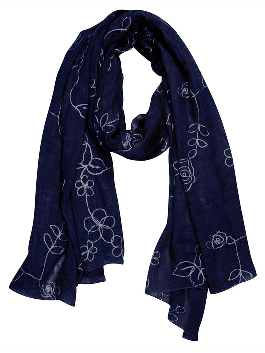 Wholesale Bulk Lot: Navy Floral Rose Embroidered Lightweight Summer Scarf Wrap for Resellers