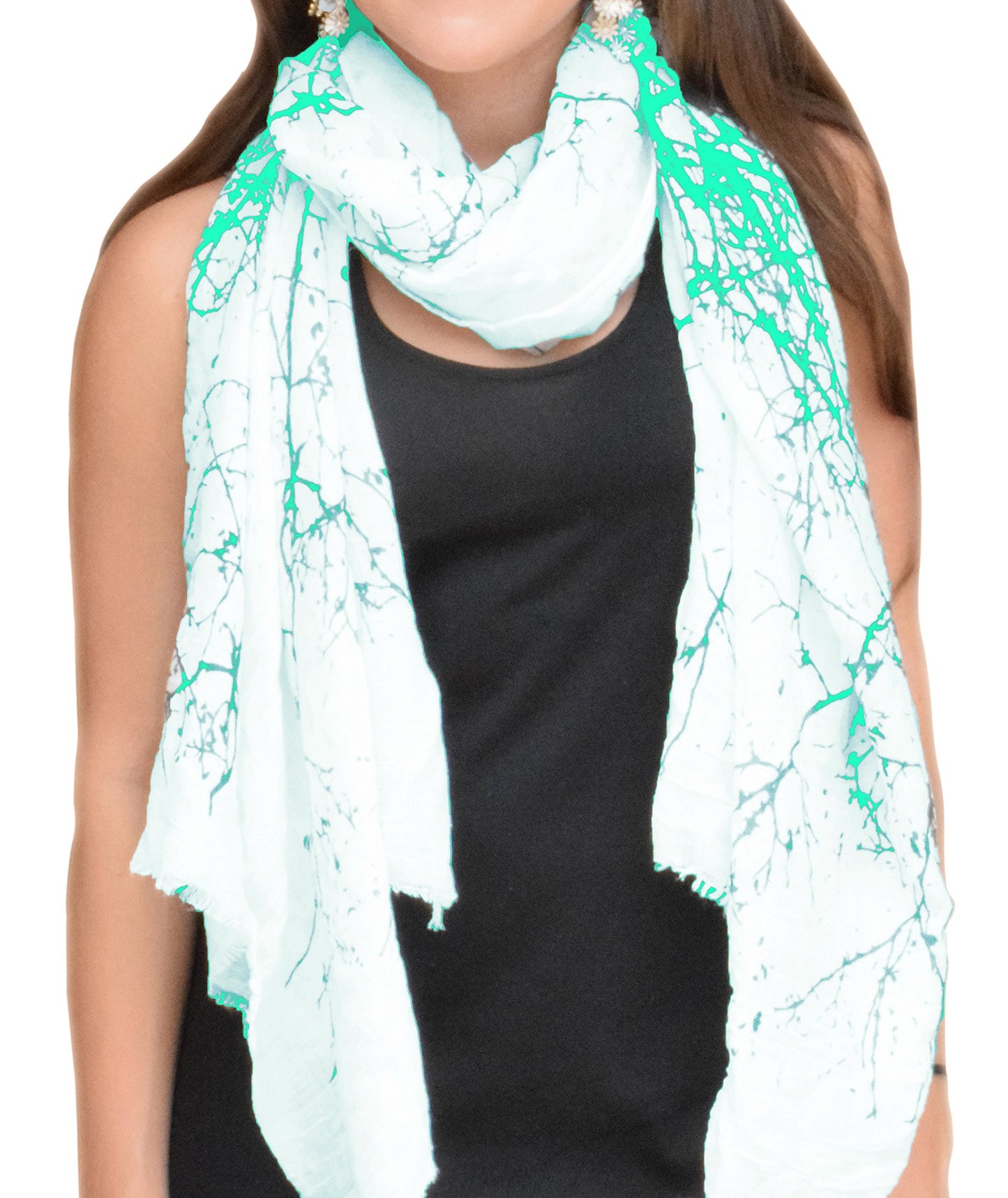 Wholesale Bulk Lot: Blissful Tree Print Cotton Linen Eyelash Fringe Long Mint Scarves for Resellers