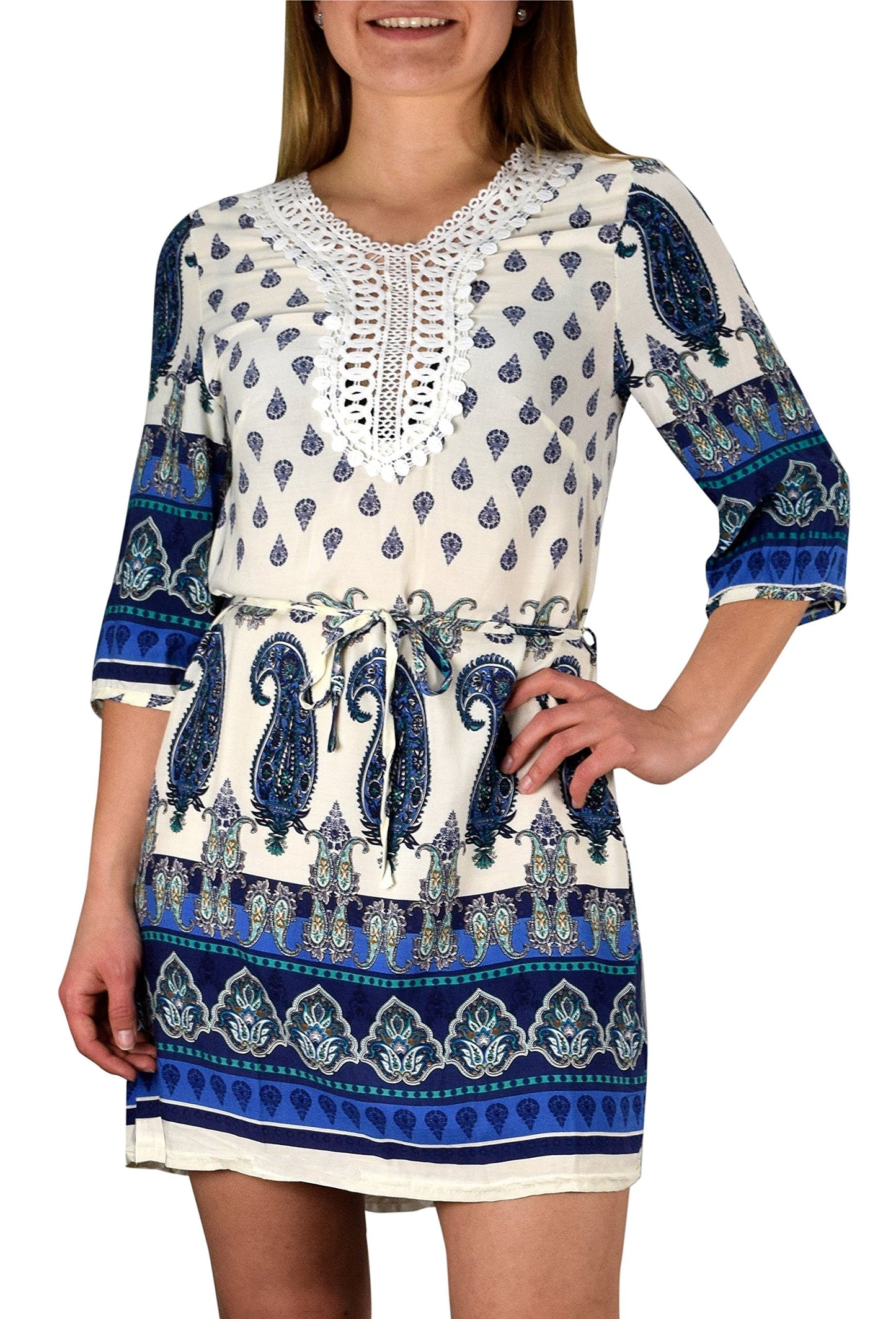 Wholesale Bulk Lot: Bohemian Paisley Waist Tie Caftan Floral Mini Dress Blue Large