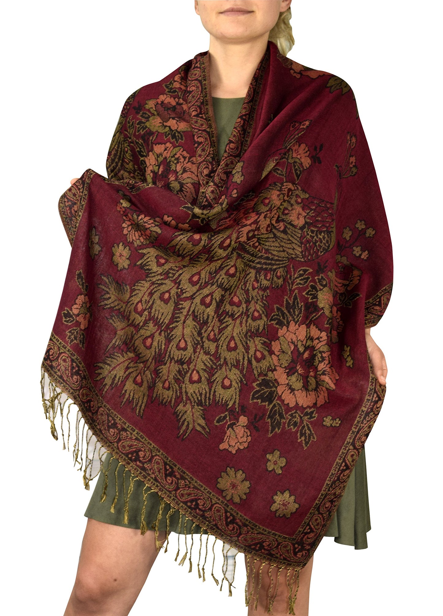 Wholesale Bulk Lot Reversible Floral Peacock Pashmina Wrap Maroon Scarf for Resellers