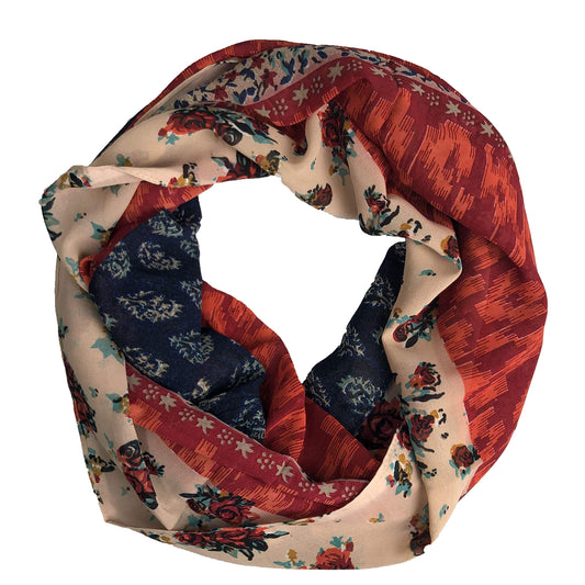 Wholesale Bulk Lot: Vintage Floral Print Infinity Loop Scarf Tan Red Reseller Pack