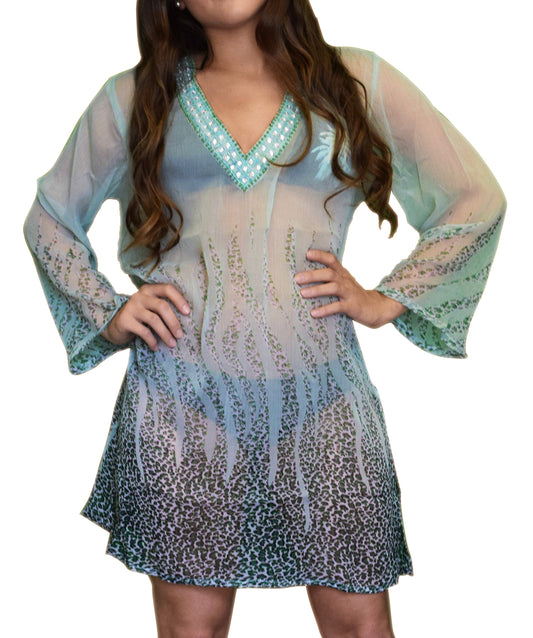 Wholesale Bulk Lot: Sheer Multi Print Drape Swim Dress Cover Up Zebra Green Large