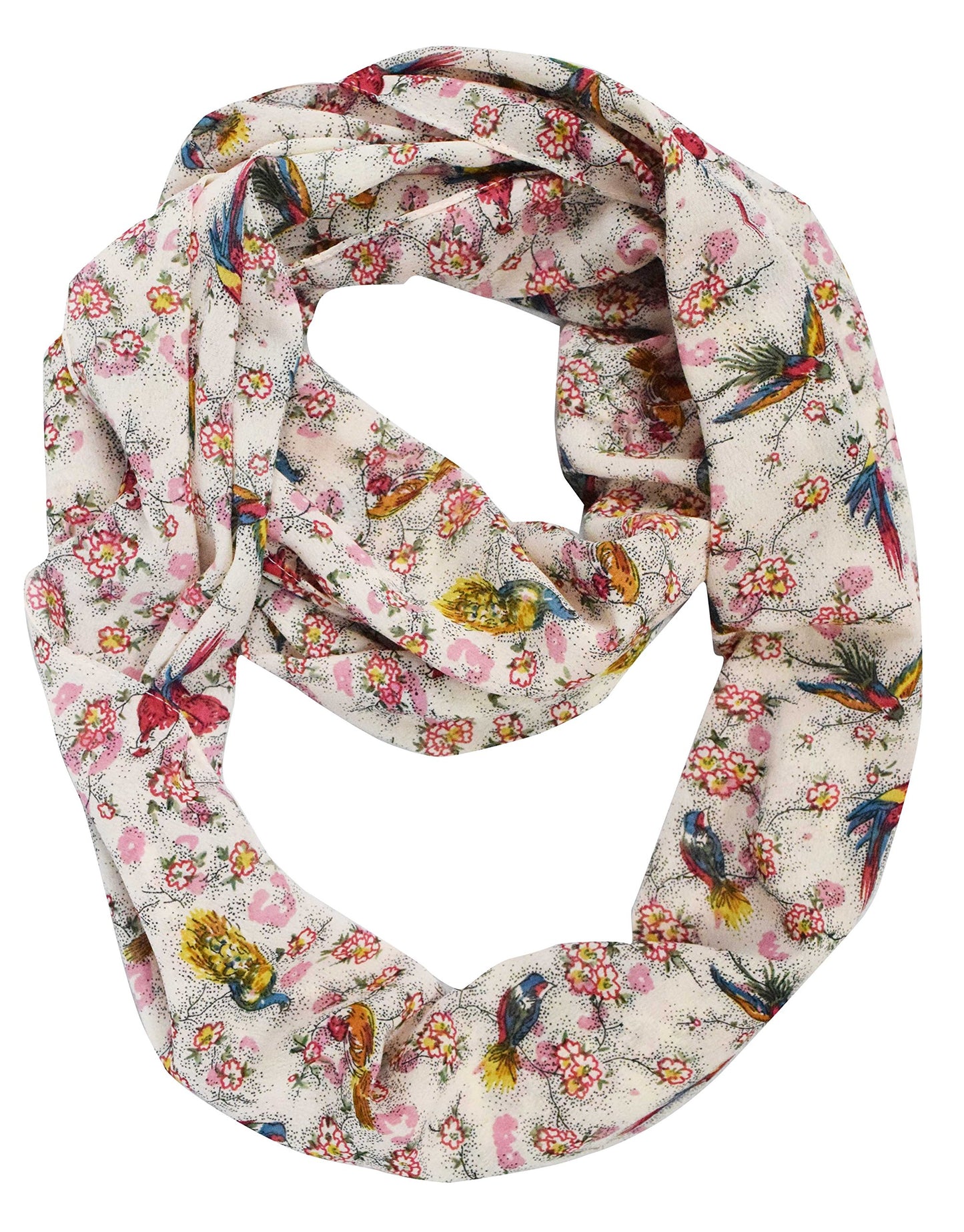 Wholesale Bulk Lot: Vintage Bird Animal Print Infinity Loop Scarf Cream Pink Reseller Pack