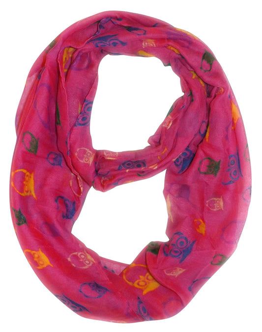 Wholesale Bulk Lot: Vintage Owl Print Infinity Loop Scarf Fuchsia Lightweight Reseller Pack