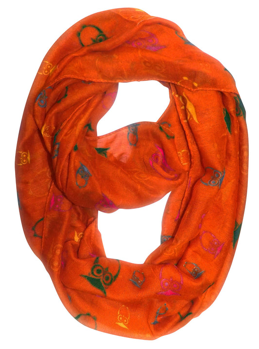 Wholesale Bulk Lot: Vintage Owl Print Lightweight Infinity Loop Scarf Orange Reseller Pack