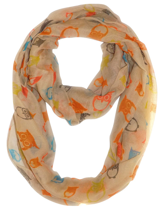 Wholesale Bulk Lot: Vintage Owl Print Colorful Lightweight Infinity Loop Scarf Tan Reseller Pack