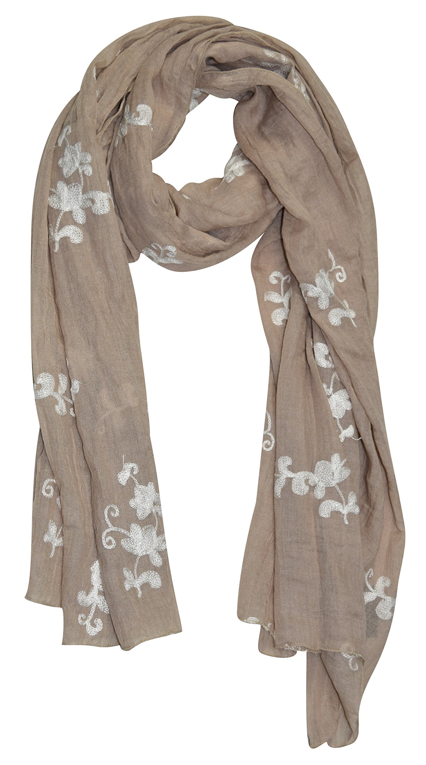 Wholesale Bulk Lot: Floral Pansy Embroidered Lightweight Summer Scarf Shawl Wrap Taupe Reseller Pack