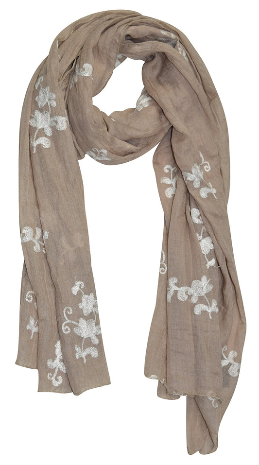 Wholesale Bulk Lot: Floral Pansy Embroidered Lightweight Summer Scarf Shawl Wrap Taupe Reseller Pack