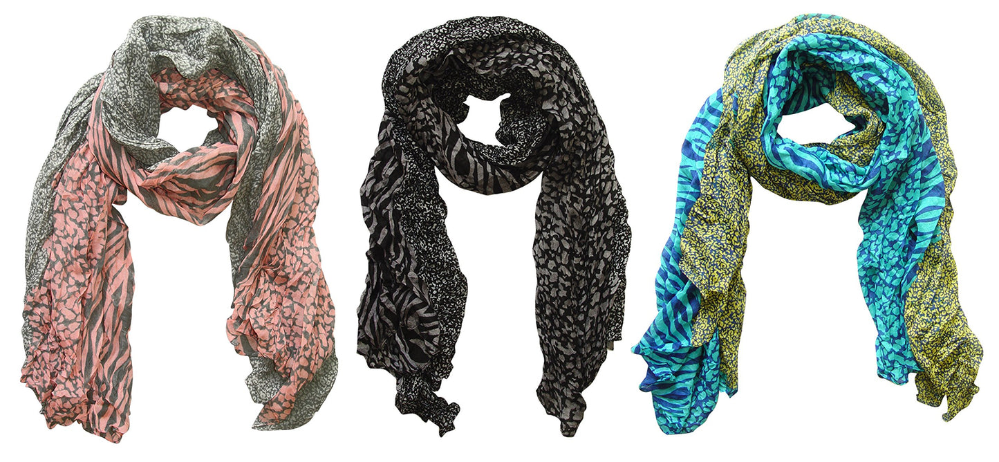 Wholesale Bulk Lot: 3 Pack Retro Zebra Leopard Animal Print Crinkle Scarf Reseller Bundle Pink Teal
