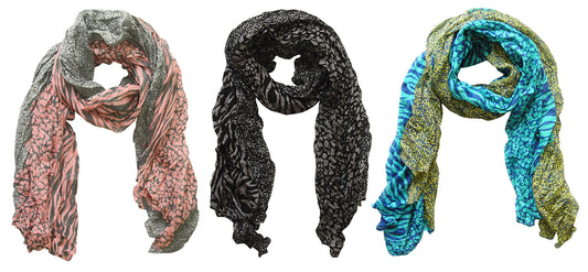 Wholesale Bulk Lot: 3 Pack Retro Zebra Leopard Animal Print Crinkle Scarf Reseller Bundle Pink Teal