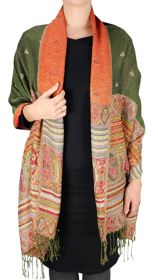 Wholesale Bulk Lot Reversible Ethnic Tribal Border Bohemian Pashmina Shawl Olive Scarf for Resellers